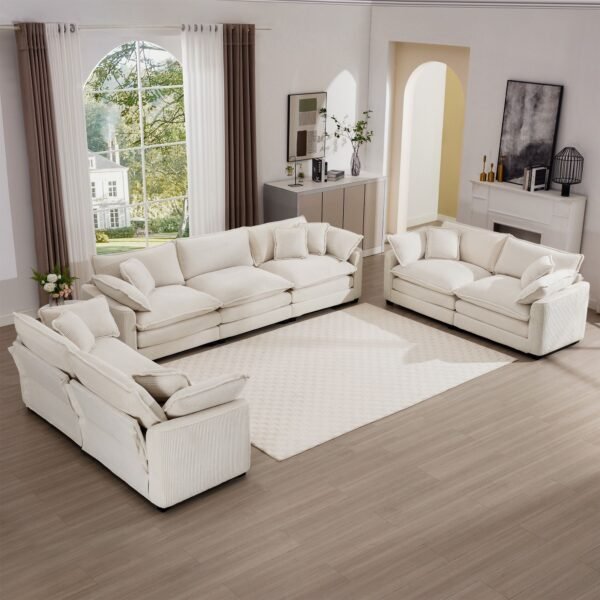 Modern 3-Piece Sofa Set – Two 2-Seater and One 3-Seater Sofas in Light Beige Corduroy, Deep Seat with Cushions & Pillows - Image 2