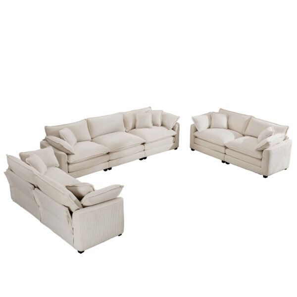 Modern 3-Piece Sofa Set – Two 2-Seater and One 3-Seater Sofas in Light Beige Corduroy, Deep Seat with Cushions & Pillows - Image 3