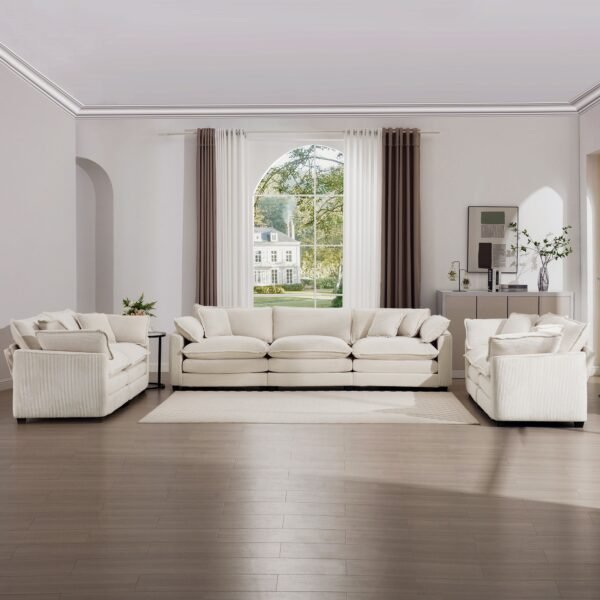 Modern 3-Piece Sofa Set – Two 2-Seater and One 3-Seater Sofas in Light Beige Corduroy, Deep Seat with Cushions & Pillows