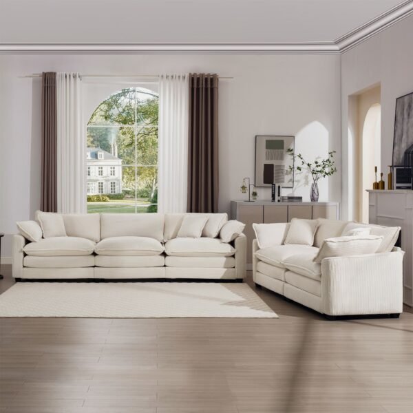 Modern Beige Corduroy Sofa Set – 2-Seater & 3-Seater Couch Set for Living Room, Deep Seat Upholstery - Image 3