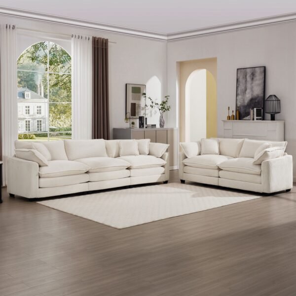Modern Beige Corduroy Sofa Set – 2-Seater & 3-Seater Couch Set for Living Room, Deep Seat Upholstery