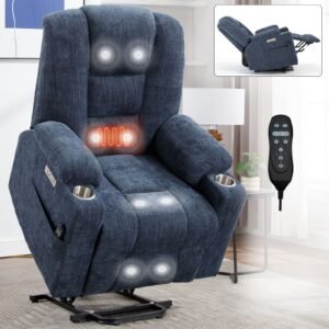 Large Power Lift Recliner for Elderly – Massage & Heat, Wide Seat, Brown Chenille, USB & Type-C Ports