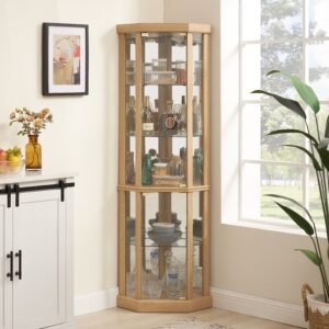 Corner Lighted Curio Cabinet Corner Glass Cabinet Lighted Curio Cabinet Corner Display Case for Living Room, Curio Cabinet, Antique collection, Wine,Bar Glass Storage Light Included,Dark Cherry