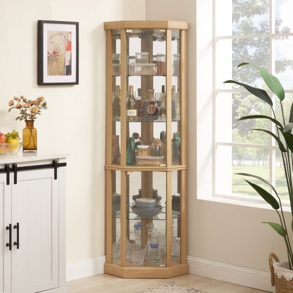 Corner Lighted Curio Cabinet with Glass Doors & Adjustable Shelves