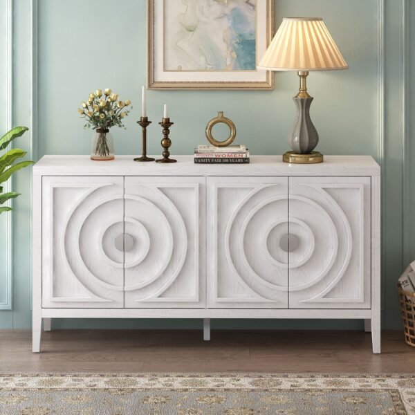 Retro 4-Door Sideboard with Circular Groove Design and Round Metal Handles - Image 2
