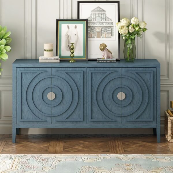 Retro 4-Door Sideboard with Circular Groove Design and Round Metal Handles - Image 9