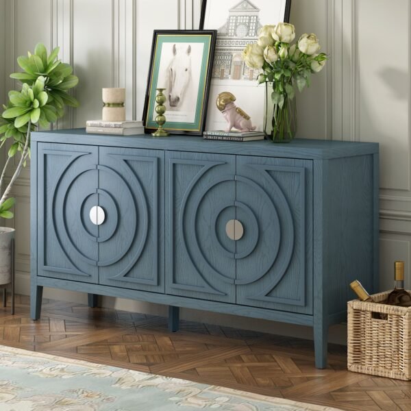 Retro 4-Door Sideboard with Circular Groove Design and Round Metal Handles - Image 8
