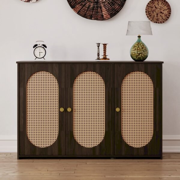 Retro 3-Door Sideboard with Artificial Rattan Doors – Vintage Accent Cabinet with Metal Handles & Cable Management - Image 2