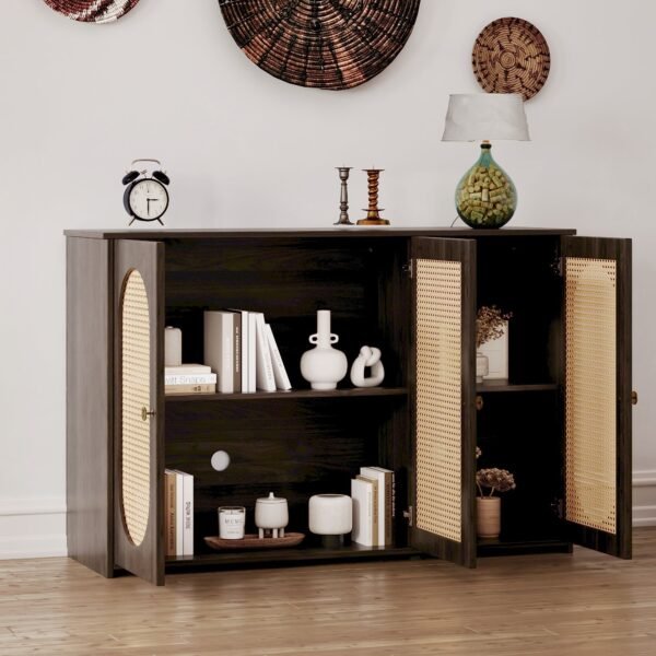 Retro 3-Door Sideboard with Artificial Rattan Doors – Vintage Accent Cabinet with Metal Handles & Cable Management - Image 3