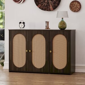 Retro 3-Door Sideboard with Large Storage Space Artificial Rattan Doors and Metal Handles,Accent Cabinet for Living Room and Hallway