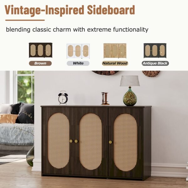 Retro 3-Door Sideboard with Artificial Rattan Doors – Vintage Accent Cabinet with Metal Handles & Cable Management - Image 5