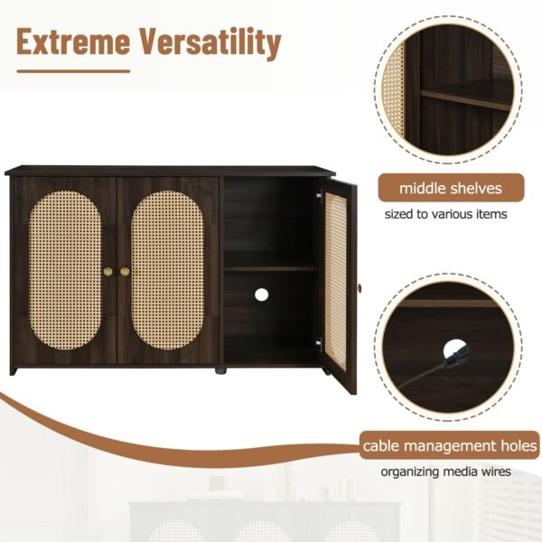 Retro 3-Door Sideboard with Artificial Rattan Doors – Vintage Accent Cabinet with Metal Handles & Cable Management - Image 6