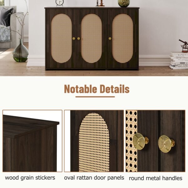 Retro 3-Door Sideboard with Artificial Rattan Doors – Vintage Accent Cabinet with Metal Handles & Cable Management - Image 7