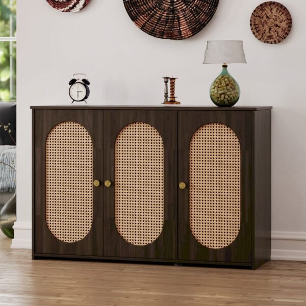Retro 3-Door Sideboard with Artificial Rattan Doors – Vintage Accent Cabinet with Metal Handles & Cable Management