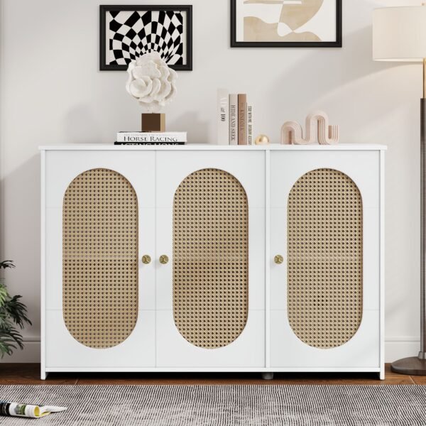 Retro 3-Door Sideboard with Artificial Rattan Doors – Vintage Accent Cabinet with Metal Handles & Cable Management - Image 9
