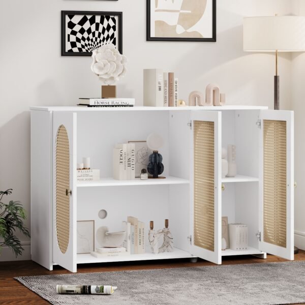 Retro 3-Door Sideboard with Artificial Rattan Doors – Vintage Accent Cabinet with Metal Handles & Cable Management - Image 10