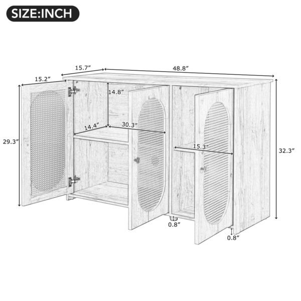 Retro 3-Door Sideboard with Artificial Rattan Doors – Vintage Accent Cabinet with Metal Handles & Cable Management - Image 11