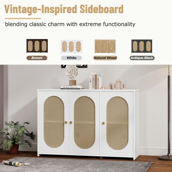 Retro 3-Door Sideboard with Artificial Rattan Doors – Vintage Accent Cabinet with Metal Handles & Cable Management - Image 12