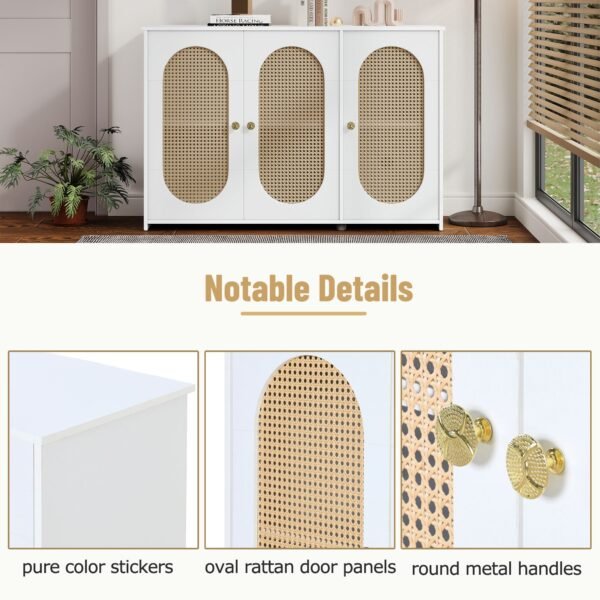 Retro 3-Door Sideboard with Artificial Rattan Doors – Vintage Accent Cabinet with Metal Handles & Cable Management - Image 14