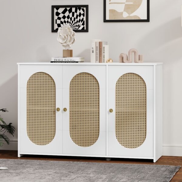 Retro 3-Door Sideboard with Artificial Rattan Doors – Vintage Accent Cabinet with Metal Handles & Cable Management - Image 8