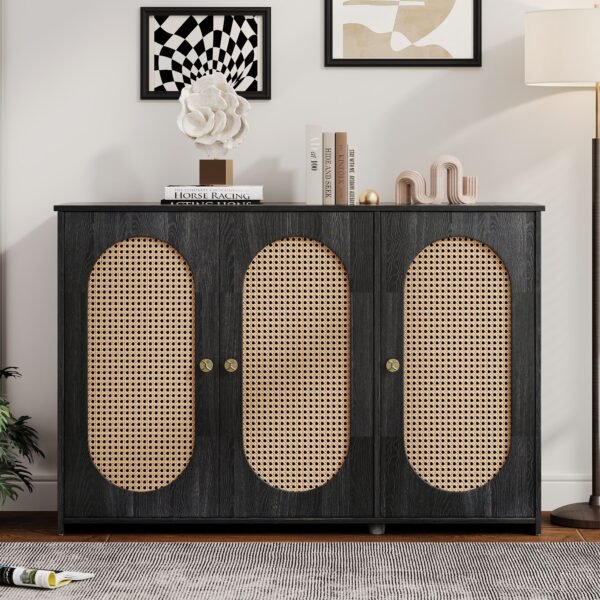 Retro 3-Door Sideboard with Artificial Rattan Doors – Vintage Accent Cabinet with Metal Handles & Cable Management - Image 23