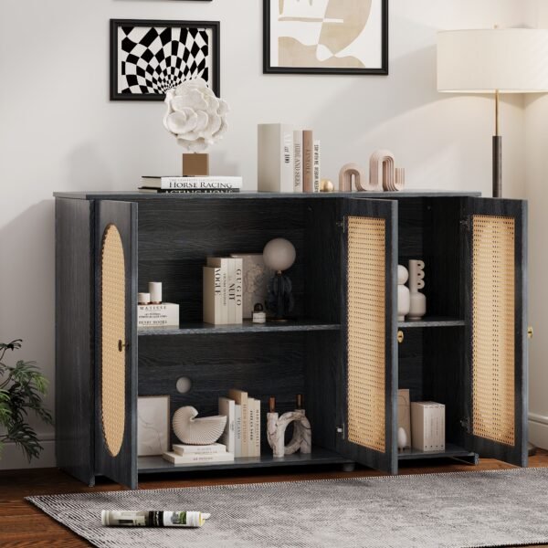 Retro 3-Door Sideboard with Artificial Rattan Doors – Vintage Accent Cabinet with Metal Handles & Cable Management - Image 24