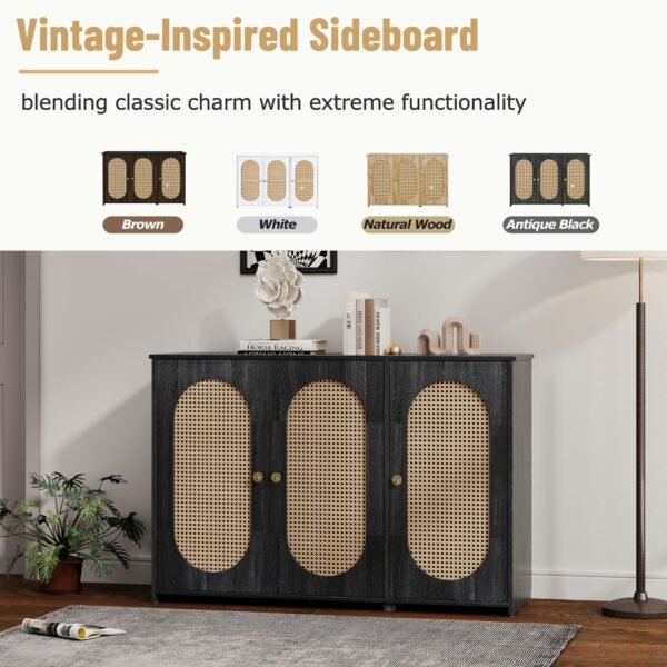 Retro 3-Door Sideboard with Artificial Rattan Doors – Vintage Accent Cabinet with Metal Handles & Cable Management - Image 26