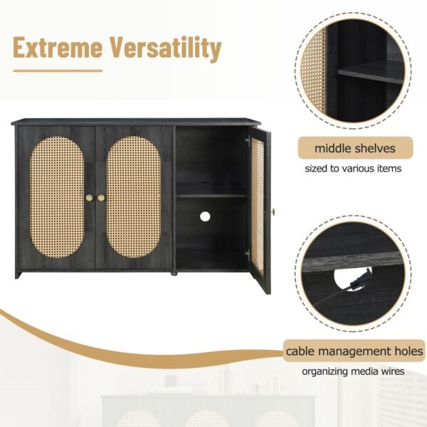 Retro 3-Door Sideboard with Artificial Rattan Doors – Vintage Accent Cabinet with Metal Handles & Cable Management - Image 27