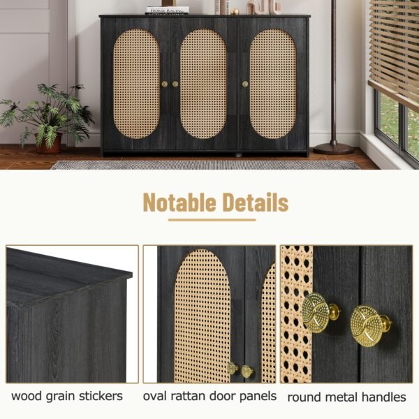 Retro 3-Door Sideboard with Artificial Rattan Doors – Vintage Accent Cabinet with Metal Handles & Cable Management - Image 28