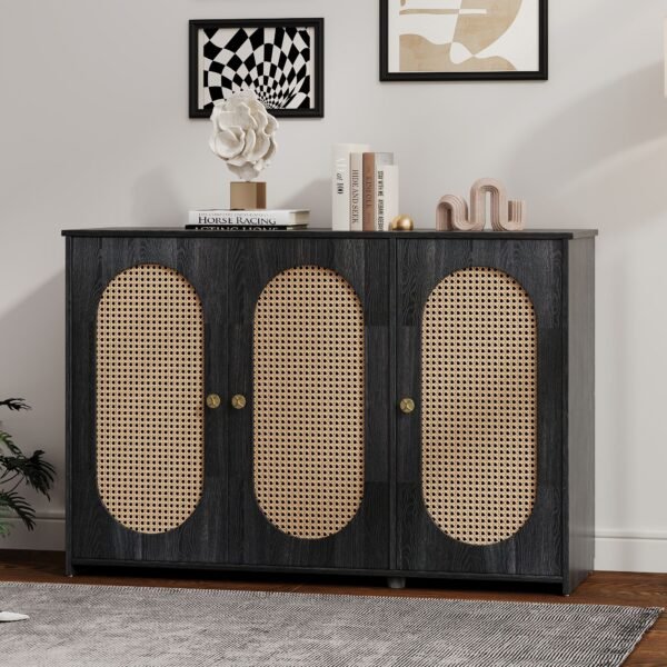 Retro 3-Door Sideboard with Artificial Rattan Doors – Vintage Accent Cabinet with Metal Handles & Cable Management - Image 22