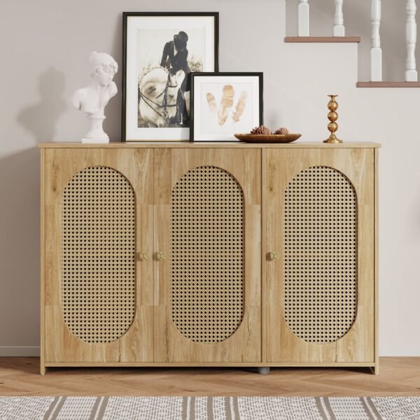 Retro 3-Door Sideboard with Artificial Rattan Doors – Vintage Accent Cabinet with Metal Handles & Cable Management - Image 16