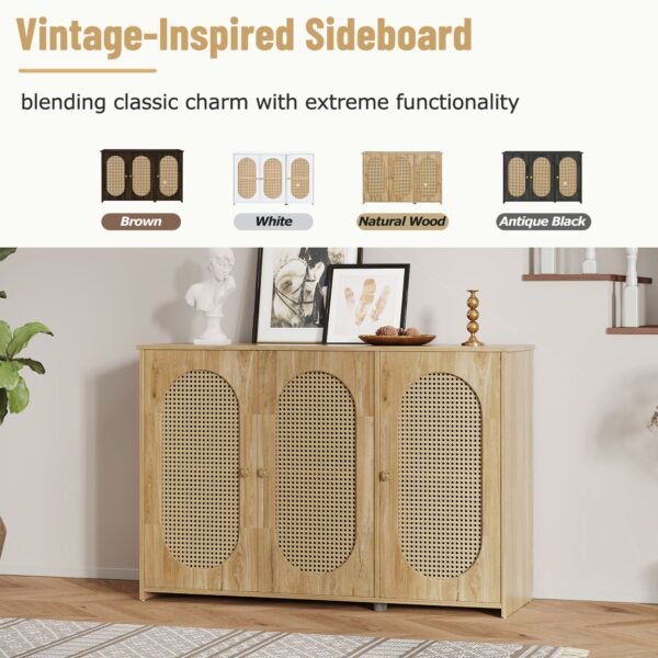 Retro 3-Door Sideboard with Artificial Rattan Doors – Vintage Accent Cabinet with Metal Handles & Cable Management - Image 19