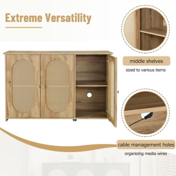 Retro 3-Door Sideboard with Artificial Rattan Doors – Vintage Accent Cabinet with Metal Handles & Cable Management - Image 20