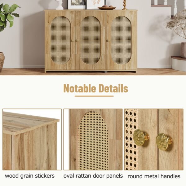 Retro 3-Door Sideboard with Artificial Rattan Doors – Vintage Accent Cabinet with Metal Handles & Cable Management - Image 21