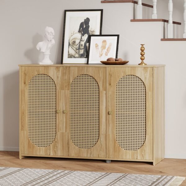 Retro 3-Door Sideboard with Artificial Rattan Doors – Vintage Accent Cabinet with Metal Handles & Cable Management - Image 15