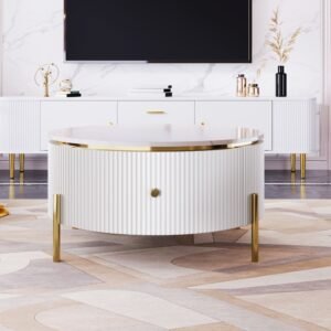 Modern Round Coffee Table with Drawers – Marble Pattern & Gold Legs