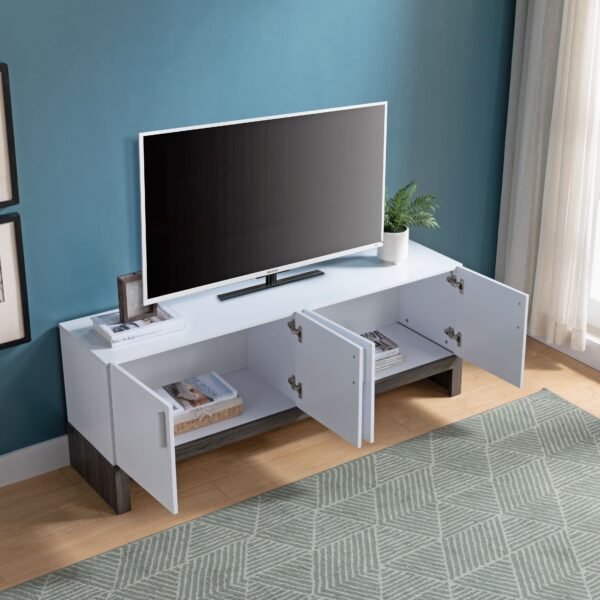 60" White & Grey TV Stand Side Credenza – 4-Door Storage Cabinet, Wooden Legs, Modern Farmhouse Style - Image 2