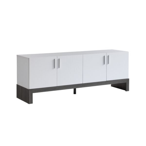 60" White & Grey TV Stand Side Credenza – 4-Door Storage Cabinet, Wooden Legs, Modern Farmhouse Style - Image 3