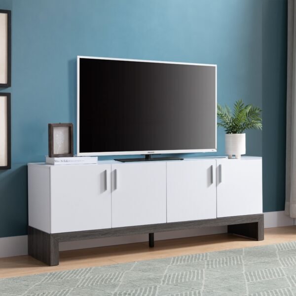60" White & Grey TV Stand Side Credenza – 4-Door Storage Cabinet, Wooden Legs, Modern Farmhouse Style