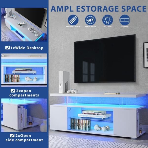 65" White LED TV Stand with Storage – Modern Gaming Entertainment Center for Living Room - Image 3