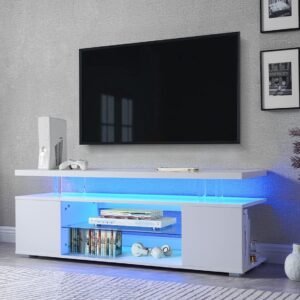 65" White LED TV Stand with Storage – Modern Gaming Entertainment Center for Living Room