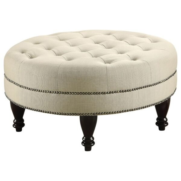 Oatmeal Tufted Cocktail Ottoman – Round Linen Ottoman with Nailhead Trim & Turned Legs - Image 2