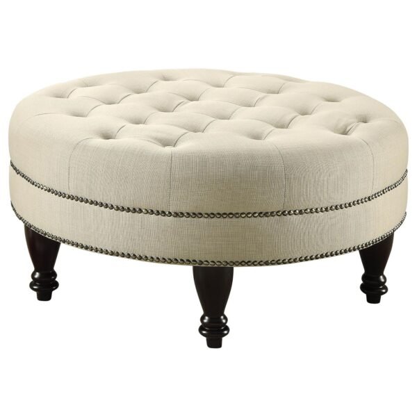 Oatmeal Tufted Cocktail Ottoman – Round Linen Ottoman with Nailhead Trim & Turned Legs - Image 3