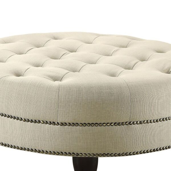 Oatmeal Tufted Cocktail Ottoman – Round Linen Ottoman with Nailhead Trim & Turned Legs - Image 4