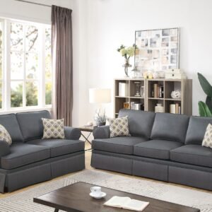 Charcoal Grey Polyfiber 2-Piece Sofa and Loveseat Set with Rolled Arms – Modern Living Room Couch with Pillows