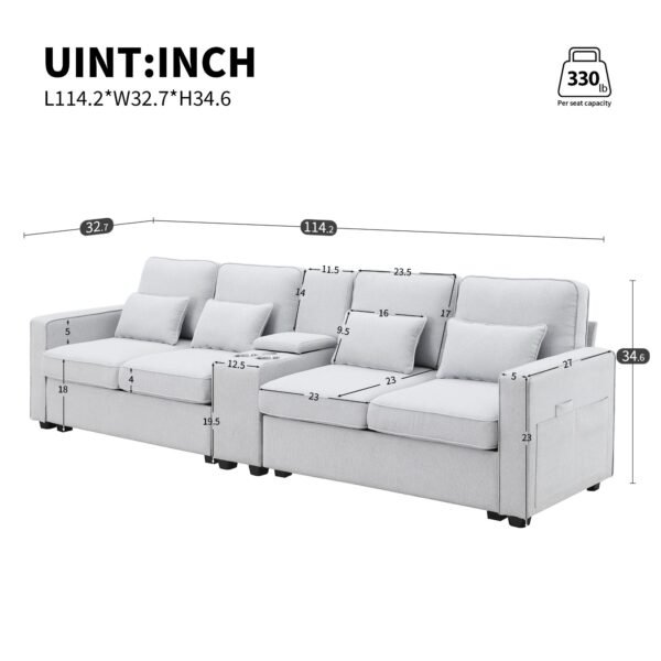 Modern 4-Seat Deep Sofa with Ottoman, USB, Storage Console & Toss Pillows – Light Gray Fabric Couch - Image 2
