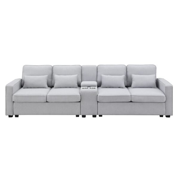 Modern 4-Seat Deep Sofa with Ottoman, USB, Storage Console & Toss Pillows – Light Gray Fabric Couch - Image 11