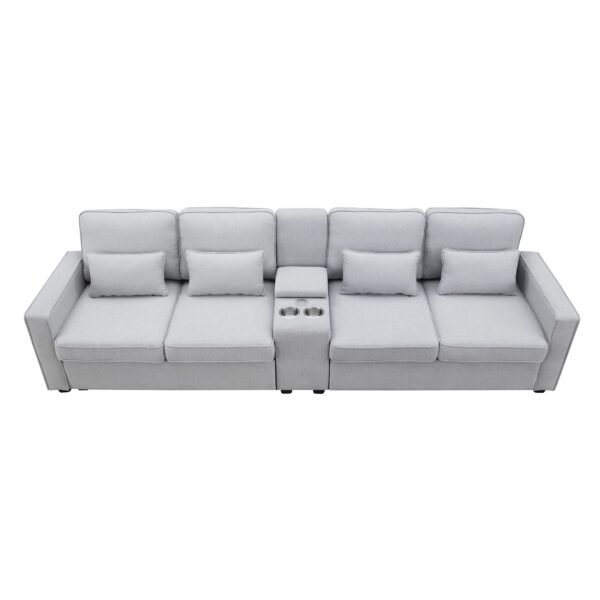 Modern 4-Seat Deep Sofa with Ottoman, USB, Storage Console & Toss Pillows – Light Gray Fabric Couch - Image 12