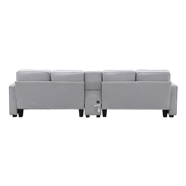Modern 4-Seat Deep Sofa with Ottoman, USB, Storage Console & Toss Pillows – Light Gray Fabric Couch - Image 13