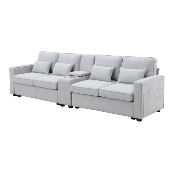 Modern 4-Seat Deep Sofa with Ottoman, USB, Storage Console & Toss Pillows – Light Gray Fabric Couch - Image 14
